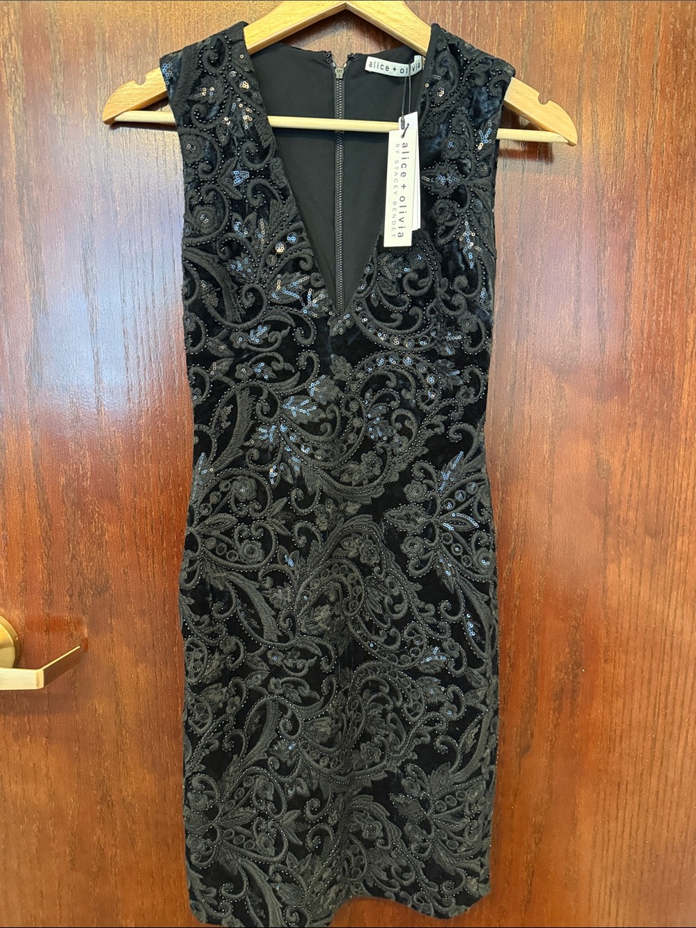 Alice + Olivia Black Beaded V-Neck Cocktail Sheath